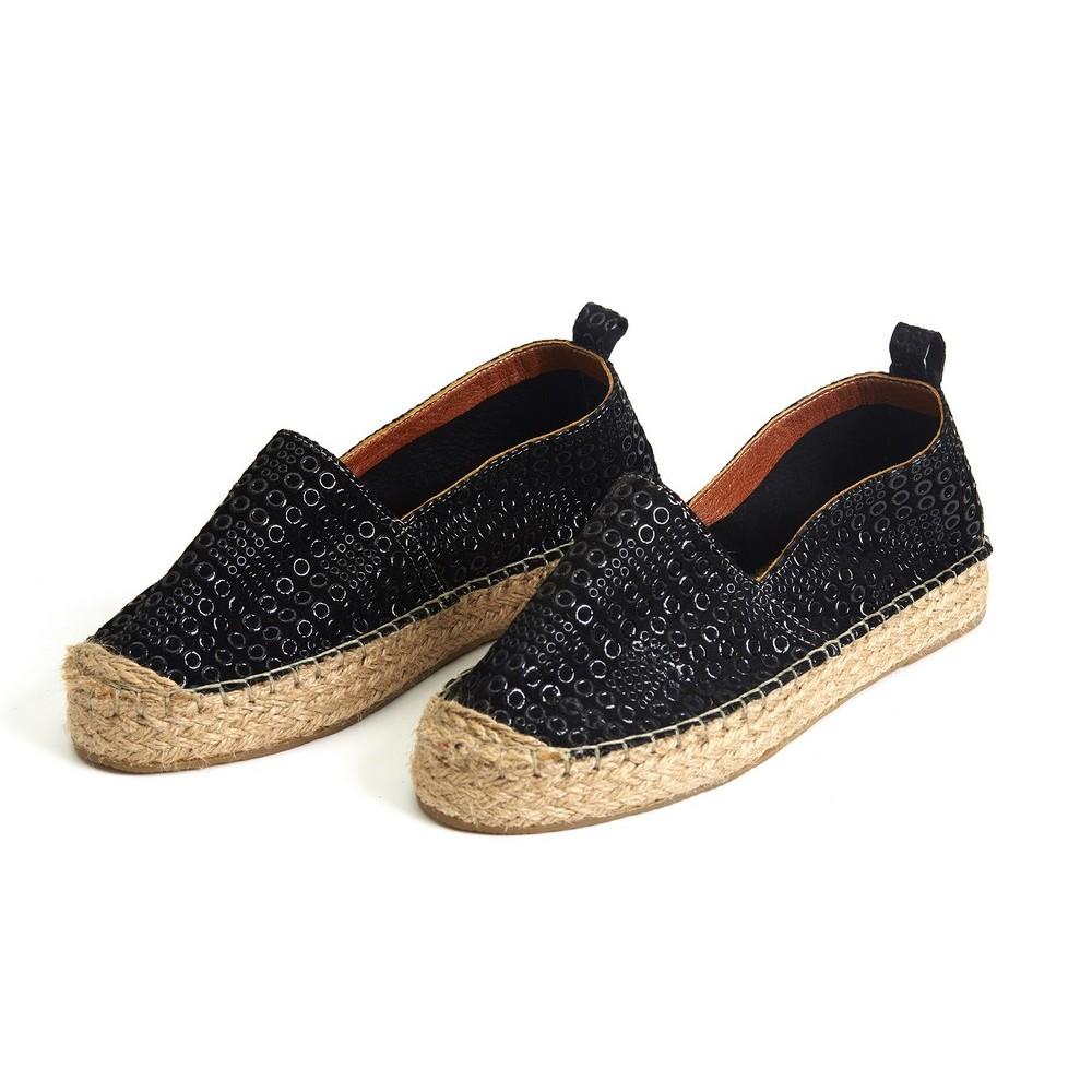 Black Leather Espadrille Shoes San407