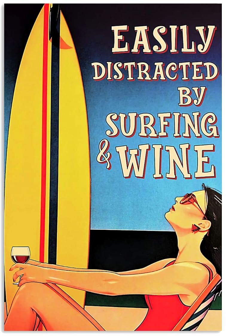 Vintage Girl Surfer Driking Wine – Easily Distracted By Surfing And Wine Poster Art Print      Home Decor Gift For Men Women Family Friend On Birthday Xmas