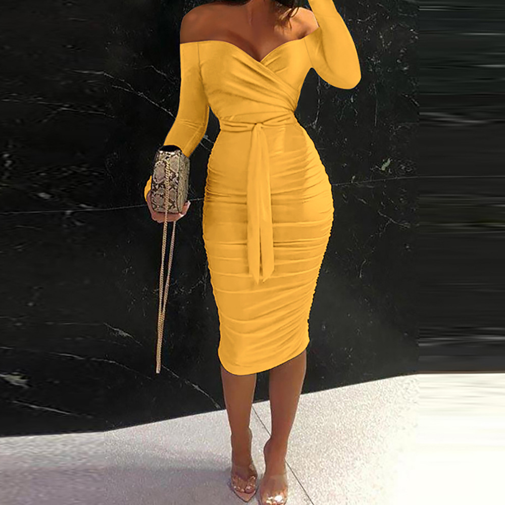 Autumn Elegant Women Midi Dress Sexy Off Shoulder Lace Up Ruched Long Sleeve Bodycon Party Evening Dress 2022 Vestidos Mujer New alx