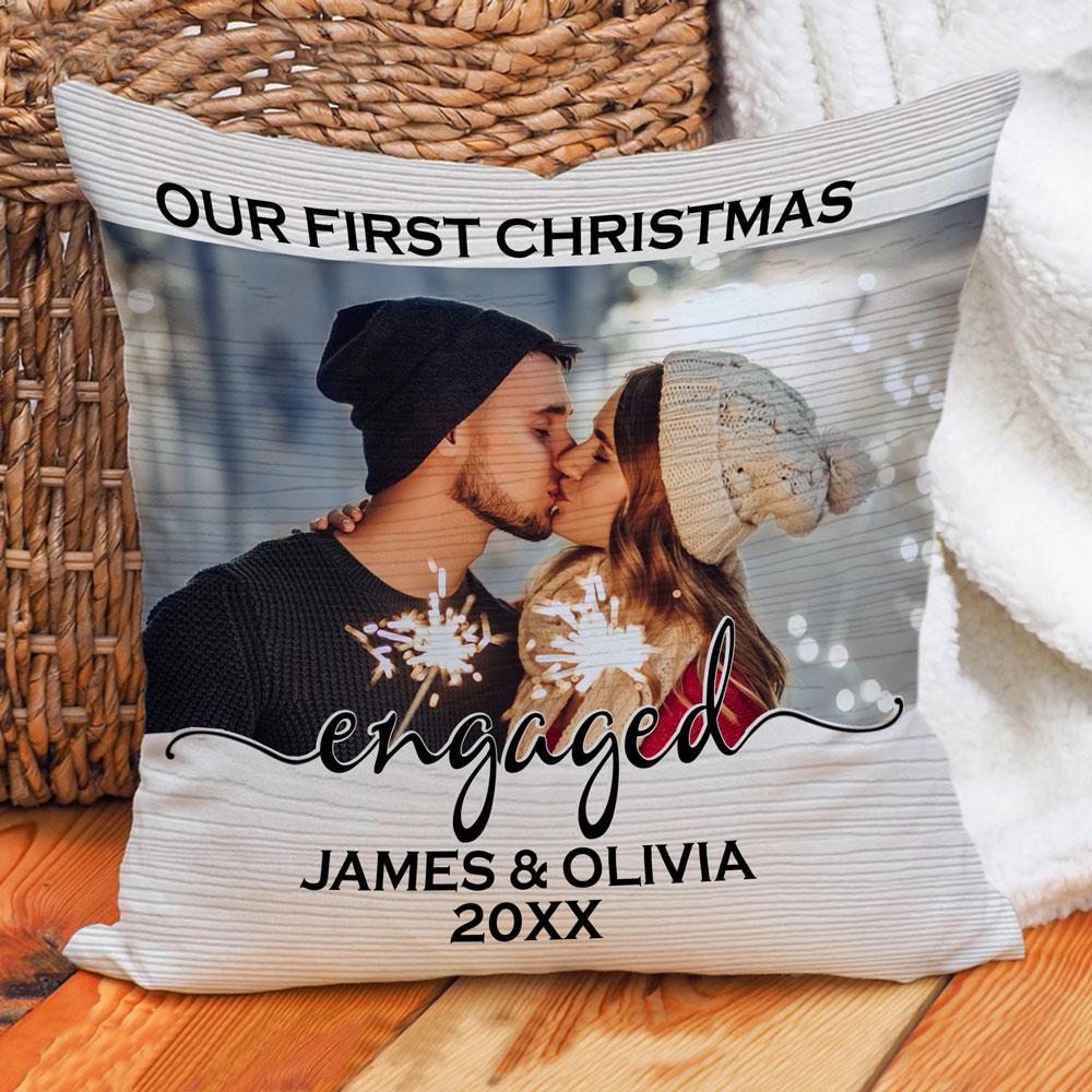 Personalized Gift For Couple Our First Christmas Engaged First Couple Engagement Photo Pillow