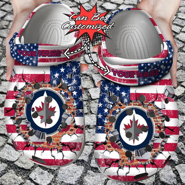 Hockey Crocss – Personalized W.Jets American Flag Breaking Wall Clog Shoes