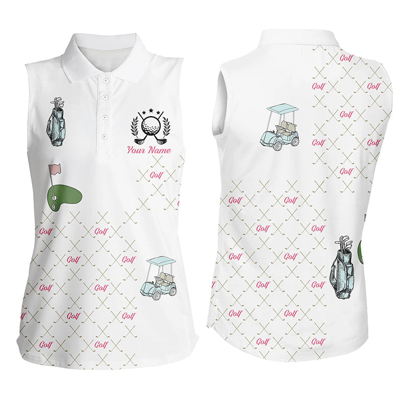 White Womens Sleeveless Polo Shirt Custom Golf Clubs Pattern Ladies Golf Shirts Gift For Mother’S Day