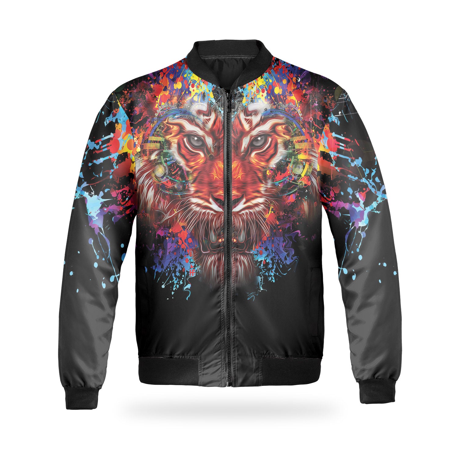 Vibrant Tiger Head All Over Print Casual Bomber Jacket, Colorful Tiger Bomber Jacket For Adults