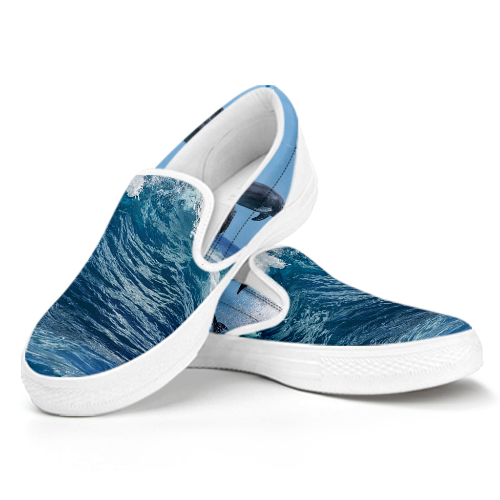 Dolphins Jumping Over Waves Print White Slip On Shoes