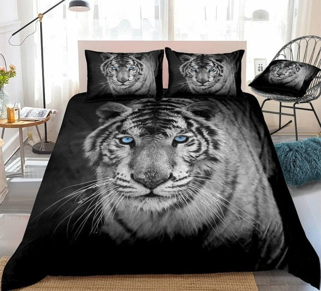 3D White Tiger Wild Hunting Animals Duvet Cover Set, Microfiber Fabric Bedding