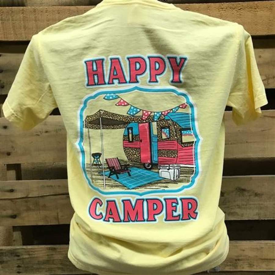 Southern Chics Happy Camper Leopard Comfort Colors Bright T Shirt