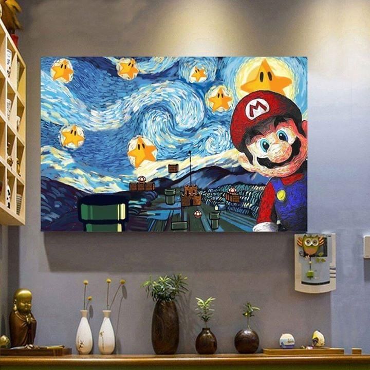 Super mario game franchise starry night van gogh style for fan poster poster canvas poster canvas