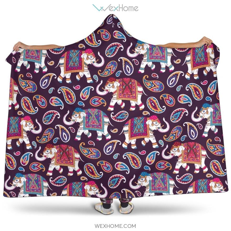 Elephant Indian Style Ornament Pattern Hooded Blanket