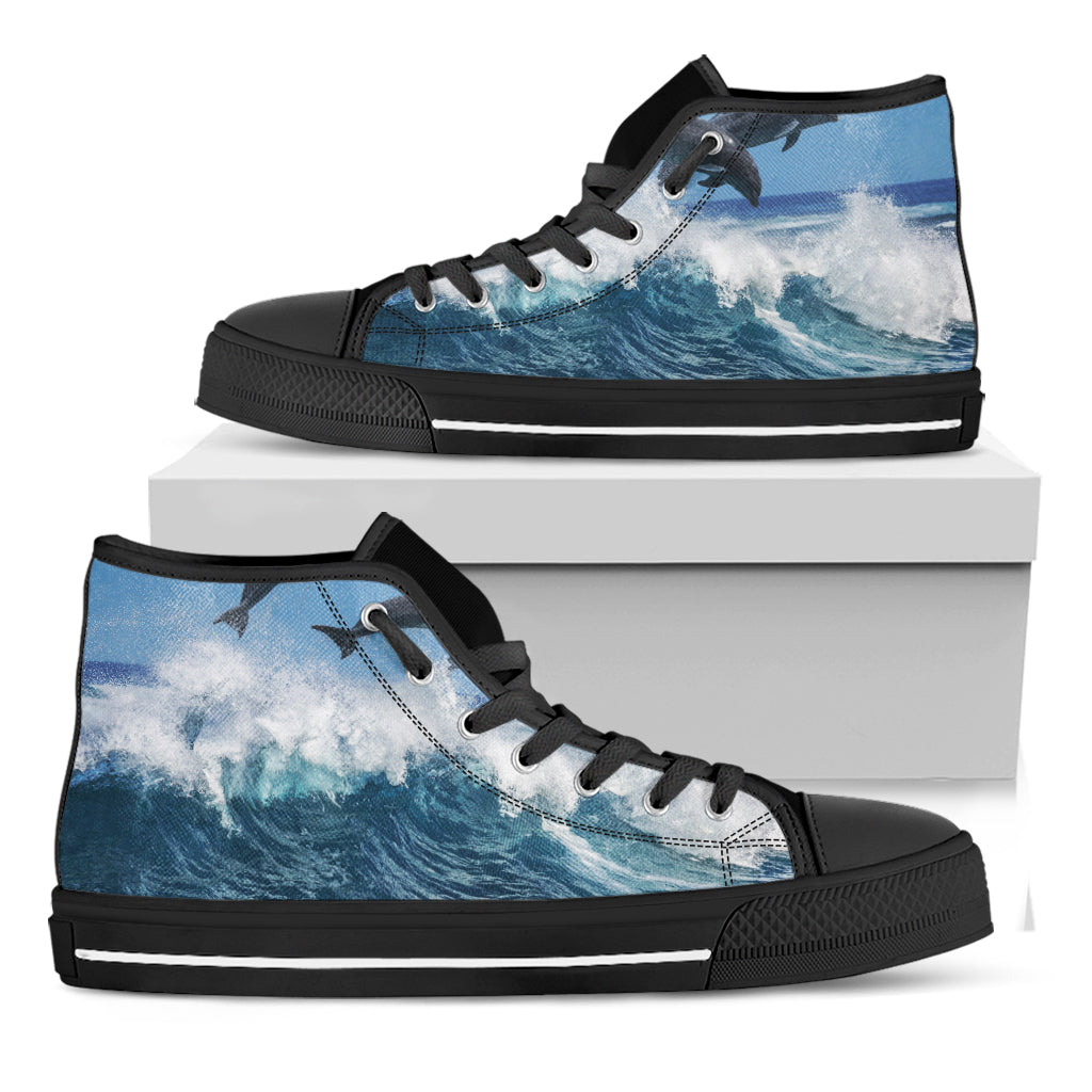 Dolphins Jumping Over Waves Print Black High Top Shoes