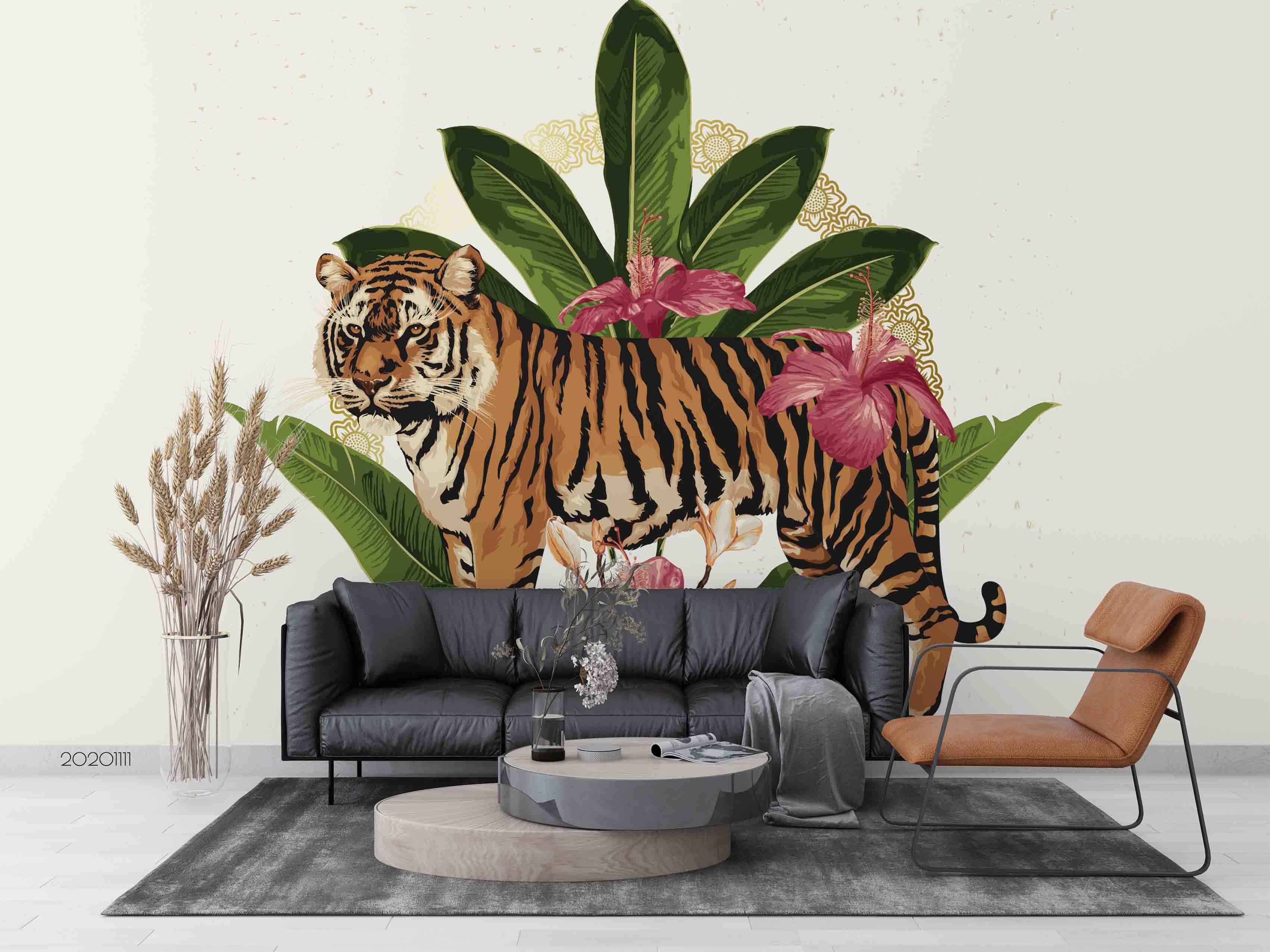 3D Hand Drawn Tiger Animal Floral Leaves Plant Wall Mural Wallpaper Lxl