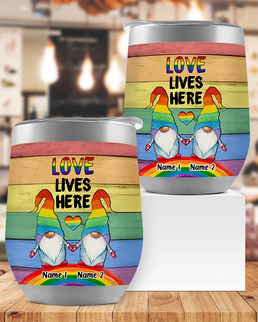 Love Lives Here Lgbt Wine Tumbler For Couple Gifts For Gay/Lesbian Couple, Lgbt Gnome Tumbler, Pride Rainbow Symbol Wine Tumbler Gifts