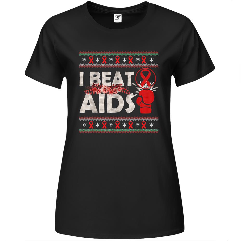 I Beat Aids Awareness Day Red Ribbon Ugly Christmas Sweater Premium Womens T Shirts
