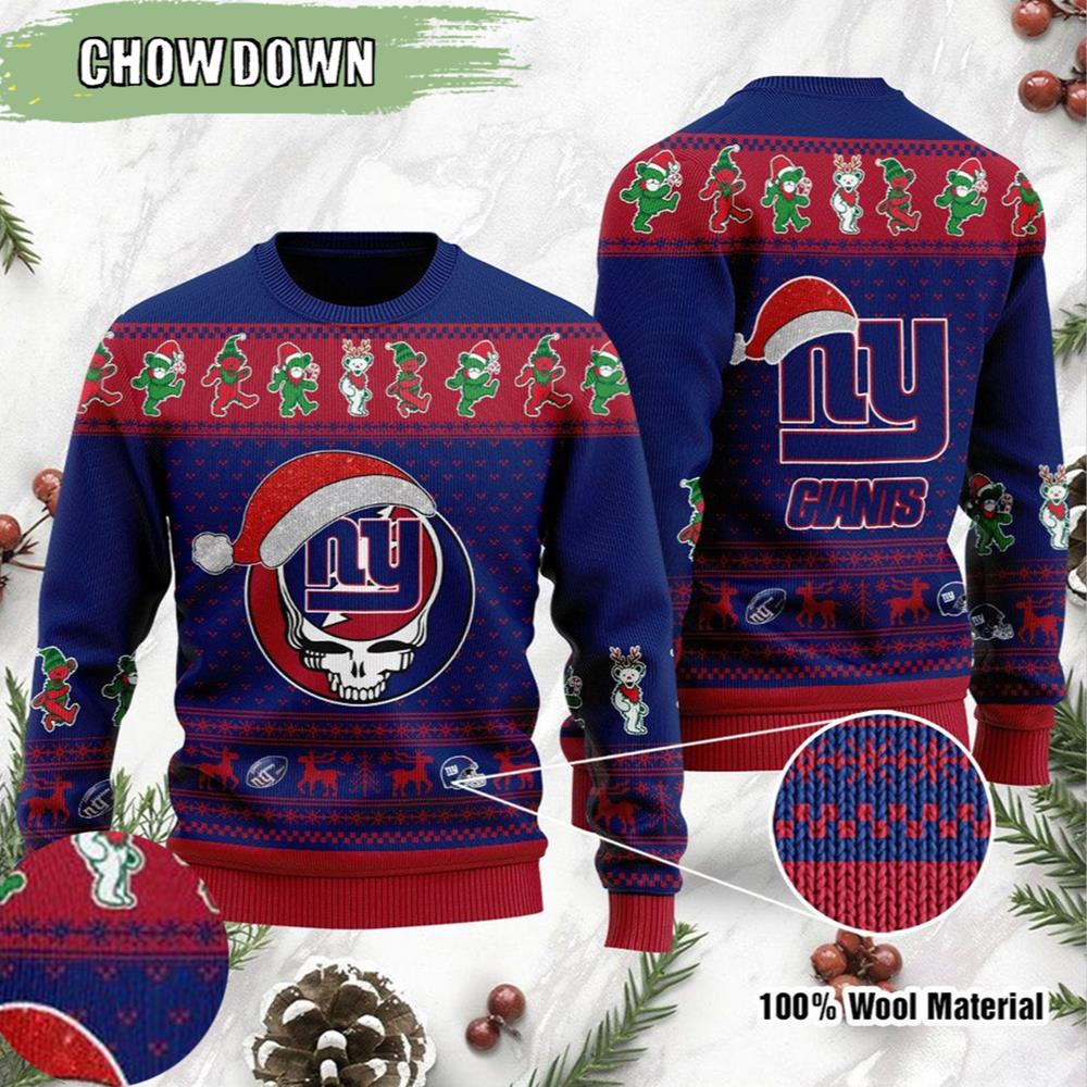 Grateful Dead Skull And Bears New York Giants Gift For Fan Ugly Wool Sweater Christmas