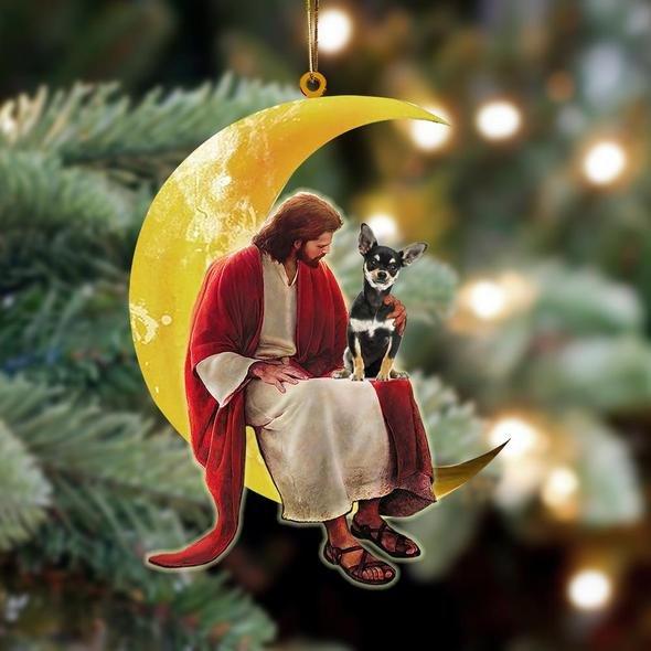 Chihuahua Dog And Jesus Sitting On The Moon Hanging Ornament