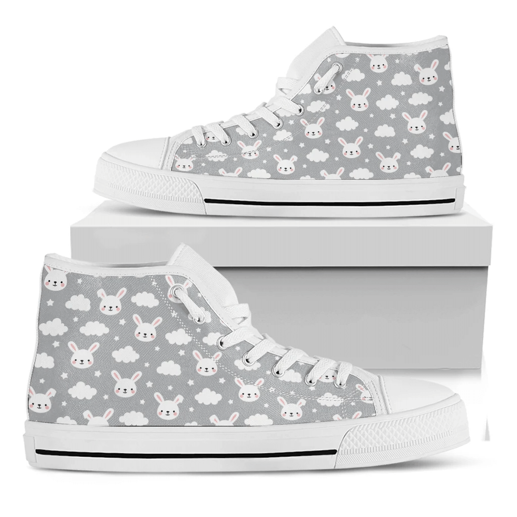 Rabbit And Cloud Pattern Print White High Top Shoes For Men And Women