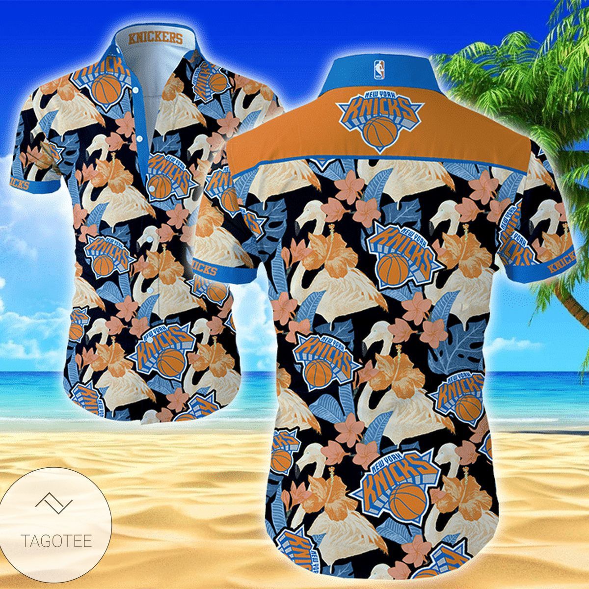 NBA New York Knicks Orange Blue Hibiscus Tropical Flowers Hawaiian Shirt