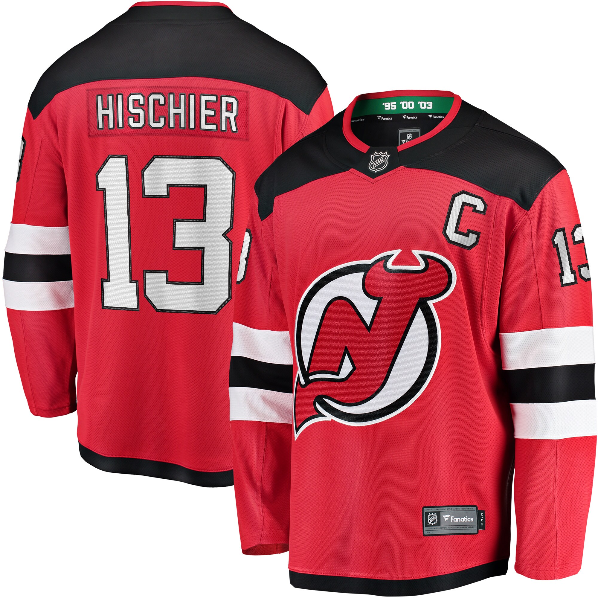 Men's New Jersey Devils Nico Hischier Red Captain Patch Home Breakaway Jersey