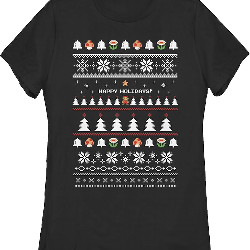 Womens Happy Holidays Faux Ugly Xmas Sweater Super Mario Bros. Shirt