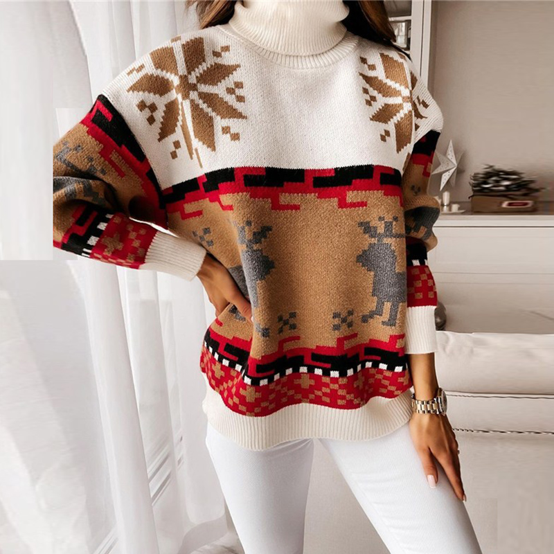 2022 NEW Christmas Turtleneck Elk Print Knit Loose Women Sweater Winter Fashion Warm Pullover Sweater Casual Lady Chic Sweaters alx