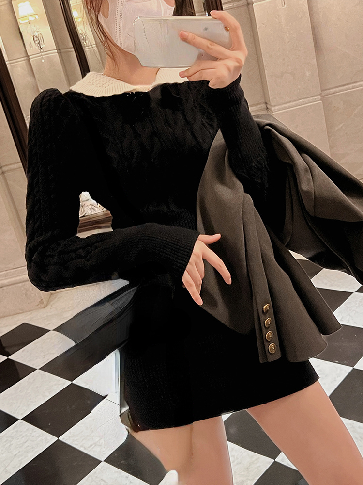 2022 Autumn Korean Suit Sexy Bodycon Mini Skirt + Long Sleeve Solid Short Sweater Woman Knitted 2 Piece Dress Set Retro Casual alx