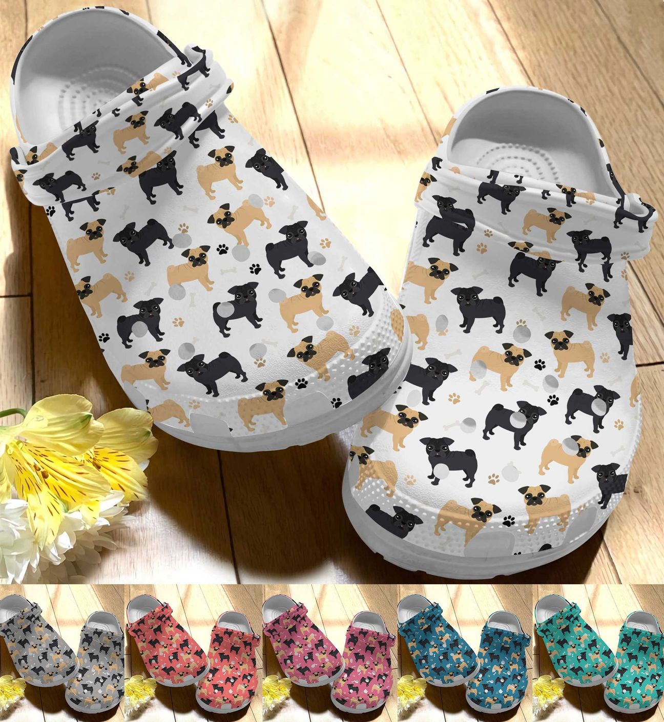 Pug Personalize Clog, Custom Name, Text, Fashion Style For Women, Men, Kid, Print 3D Whitesole Pug Pattern 3