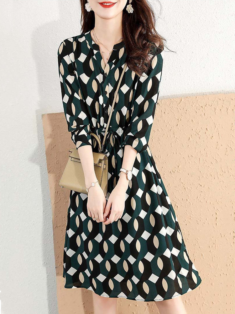 2022 Spring Women Chiffon Dress Fashion Print V-Neck Slim Elegant Back To The Basics Draw String Vestido Feminino High Quality alx