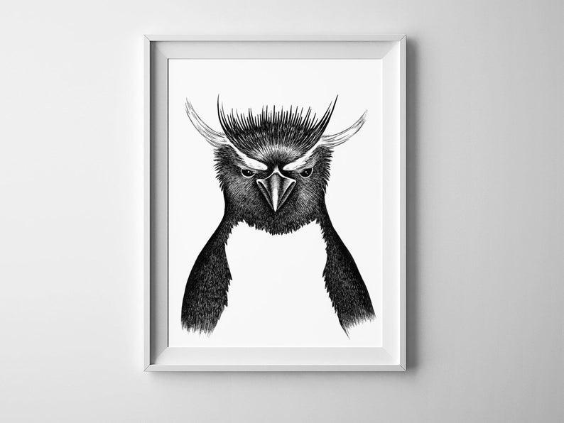 Penguin Printable Wall Art Black And White Graphic Animal Sketch Print Drawn Crested Penguin Poster