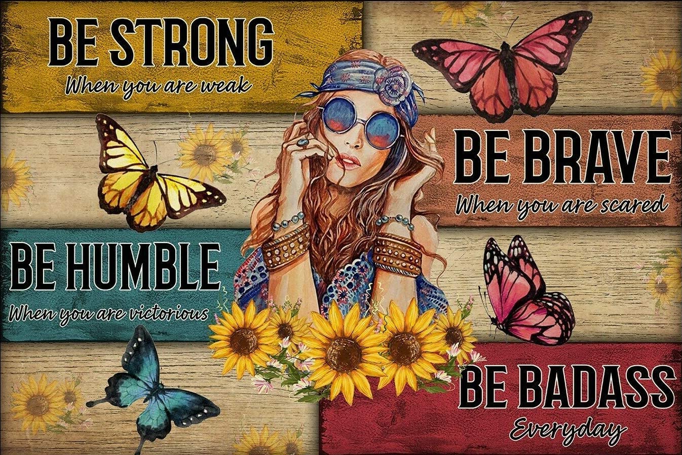 Be Strong Be Brave Be Humble Be Badass Everyday Canvas With Sun Flower Butterfly Black Girl Motivation Quote Wall Art Home Decor