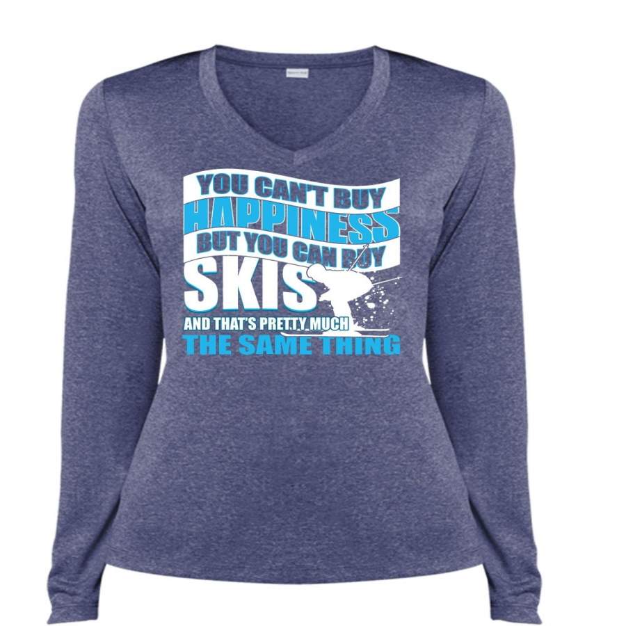 You Can’t Buy Happiness T Shirt, You Can Buy Skis T Shirt, Cool Shirt (Ladies LS Heather V-Neck)