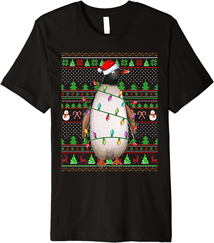 Ugly Xmas Sweater Style Lighting Penguin Bird Christmas Premium T-Shirt