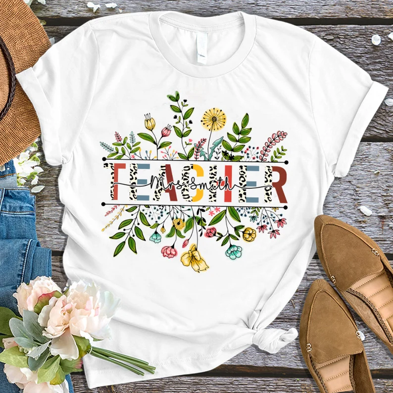 Personalized T-Shirt For Teachers Mrs. Smith Colorful Leopard & Flower Design Custom Name Back To School Outfit