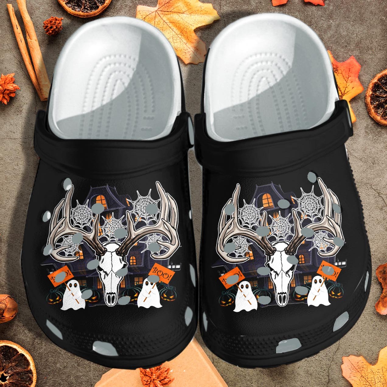 Portrait Deer Skull Ghost Pumpkin Castle Shoes Clog – Happy Halloween Crocs Crocband Clog Birthday Gift For Man Women