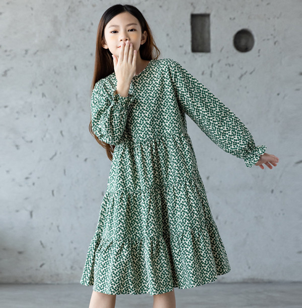 6 to 16 years kids teen girls long sleeve loose geometric print autumn fall cotton tiered flare dress child fashion casual dress alx