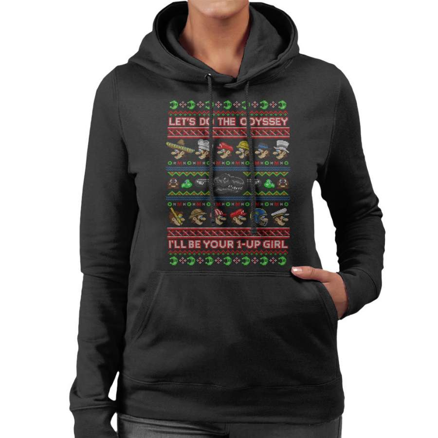 Super Mario Odyssey Christmas Knit Pattern Women’s Hooded Sweatshirt