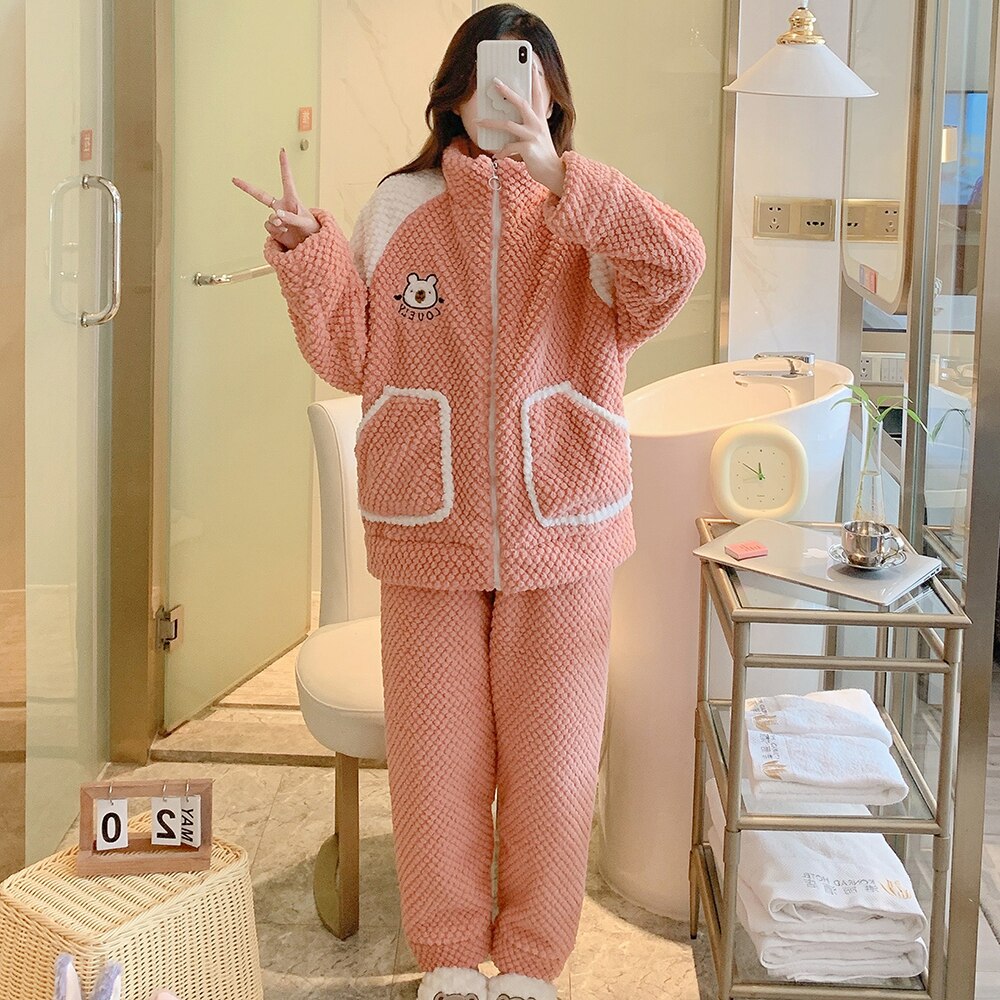 Women Winter Warm Soild Pajama Set Oversized Home Clothes Flannel Sleepwear Velvet Flannel Nightwear M-6XL Pyjama Lingerie alx