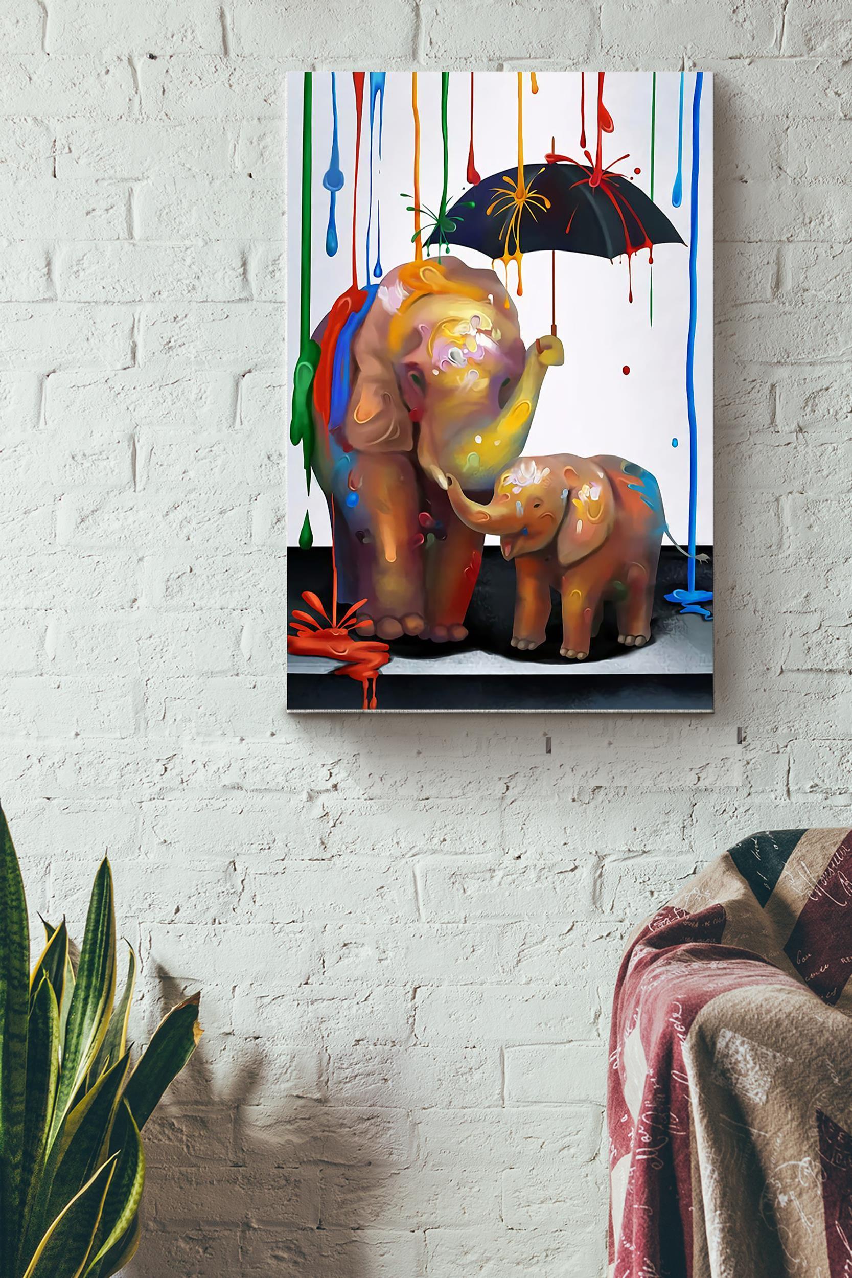 Mother Elephant And Child In A Colorful Rain Poster Wrapped Canvas