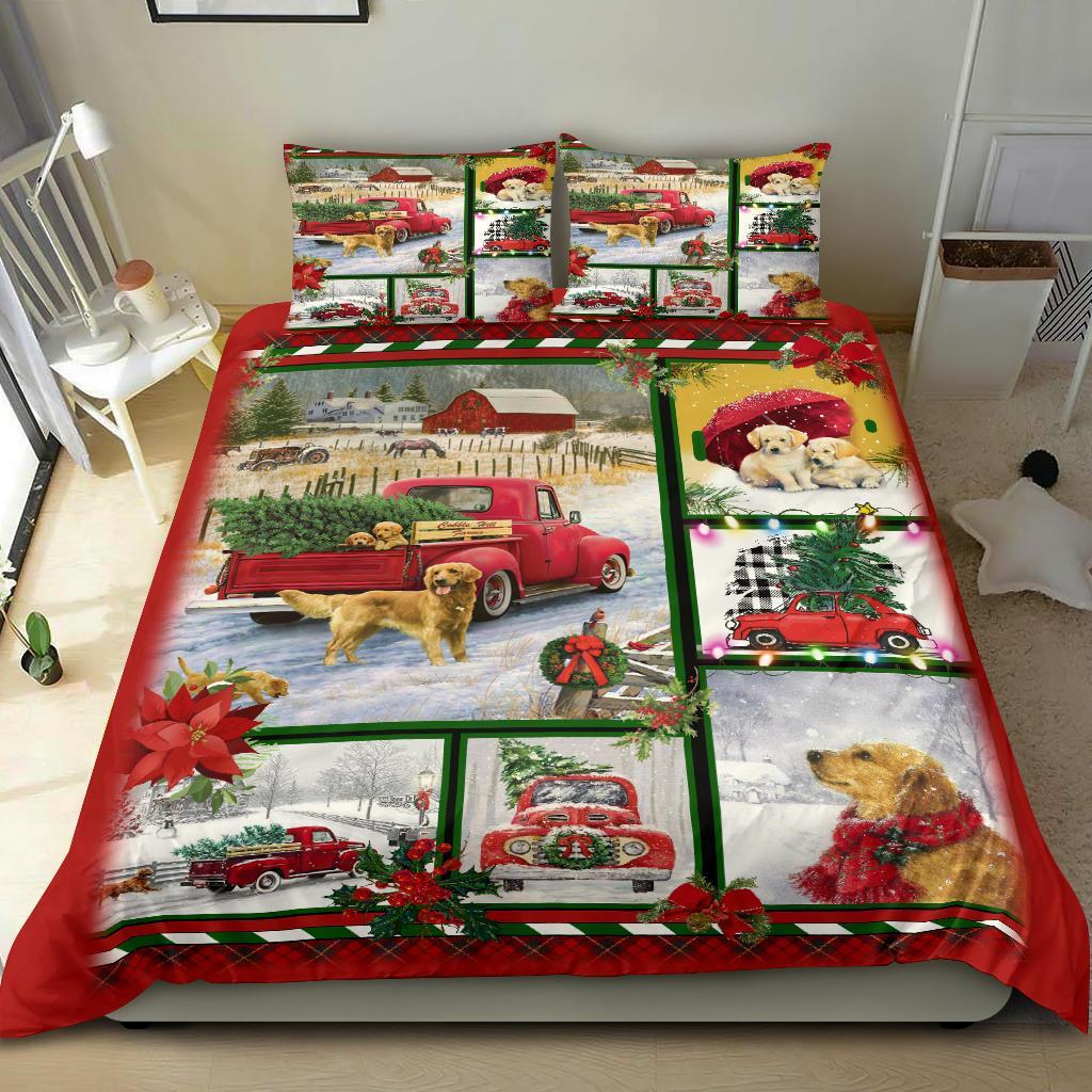 Golden Retriever Red Truck Christmas Quilt Bedding Duvet Cover And