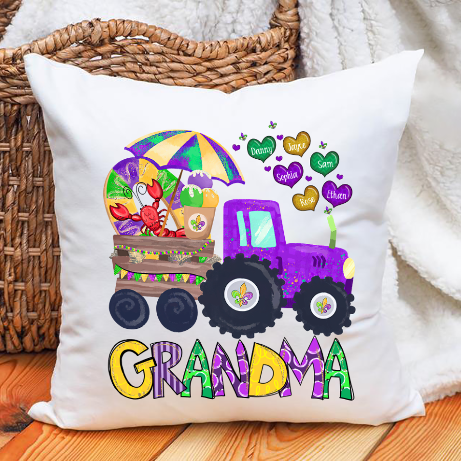 Personalized Grandma And Grandkids Hearts Color Tractor Gift Mardi Gras Indoor Pillow