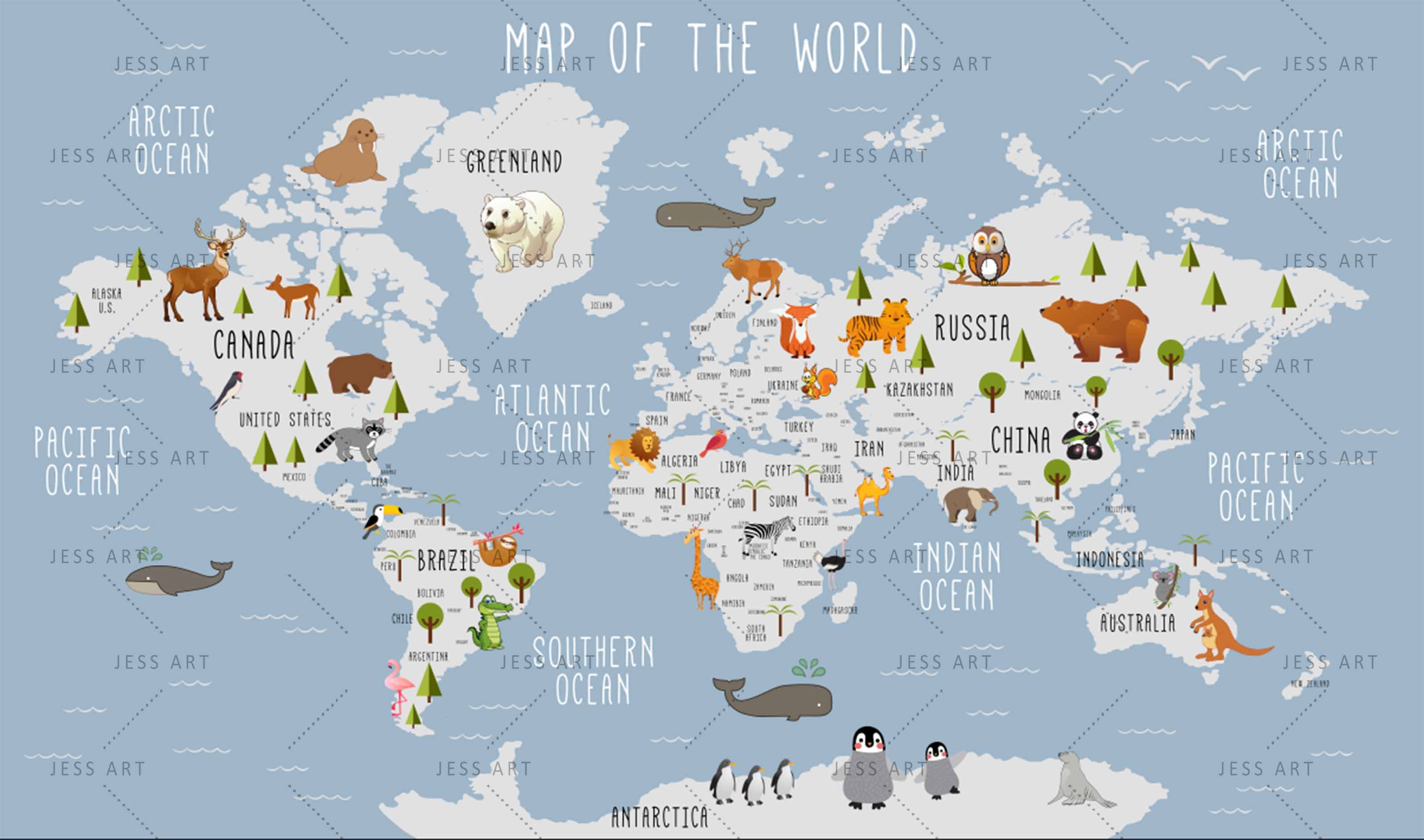 3D Blue Worldmap Cartoon Animals Wall Mural Wallpaper