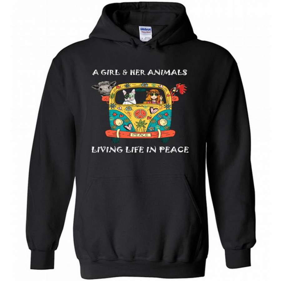 A Girl And Her Animals Living Life In Peace, Hippie Car Heifer Chicken Dog Lover – Gildan Heavy Blend Hoodie