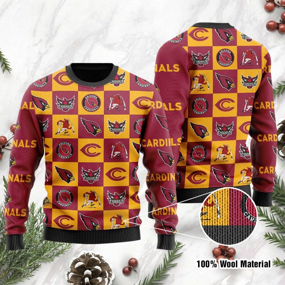 Arizona Cardinals Logo Checkered Flannel Design Ugly Christmas Sweater Sweatshirt Holiday Party Plus Size For Mens Womens On Xmas Day