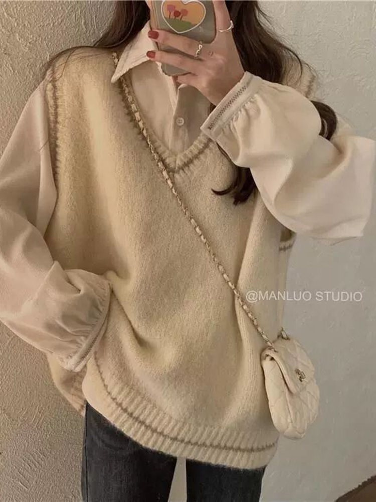 Sleeveless Sweater Vest Women Baggy Patchwork Soft Knitted All-match Spring Casual Pullover Vintage Preppy Style Jumper Ulzzang alx