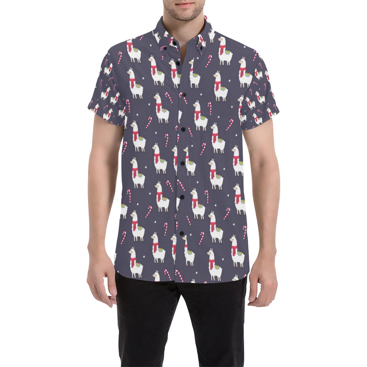 Llama with Candy Cane Themed Print Men Button Up Shirt