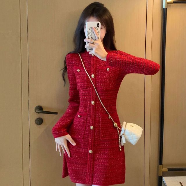 2022 Autumn winter new in Chic Red knit dress women long sleeves O-Neck Button elegant Party dresses alx