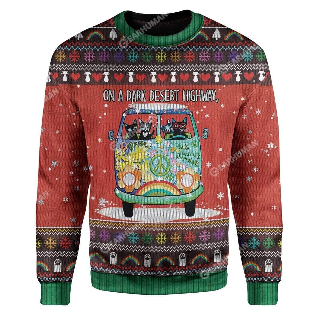 Ugly Christmas Cat On A Dark Desert Highway Sweater Apparel