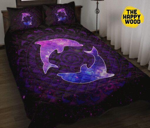 Dolphin Galaxy Purple Style Quilt Bed Set And Pillow Covers