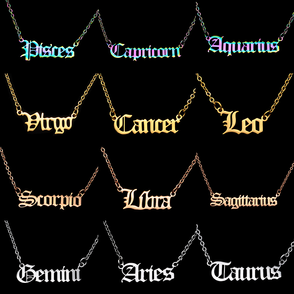 12pcs/set Wholesale 100% Stainless Steel Old English Zodiac Letter Necklace for Women Aries Horoscope Jewelry Fashion Necklaces alx