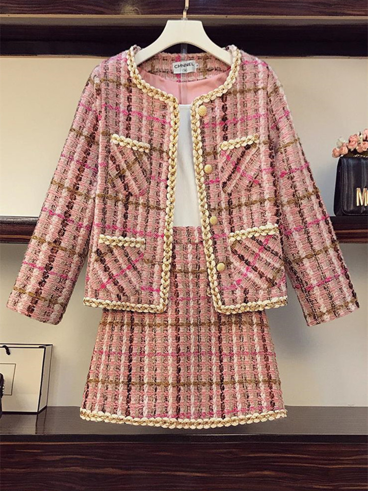 Brand Lady Autumn Winter Woolen Tweed 2 Piece Set Women Pink Plaid Single Breasted Pocket Jacket Coat + Weave Mini Skirt Suit alx