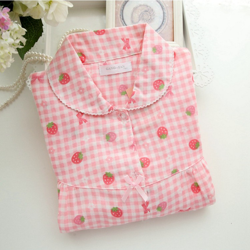 Women’s Plaid Strawberry Pajamas Home Service Set Pure Cotton Cute Loose Long Sleeve 2022 Spring and Autumn New alx