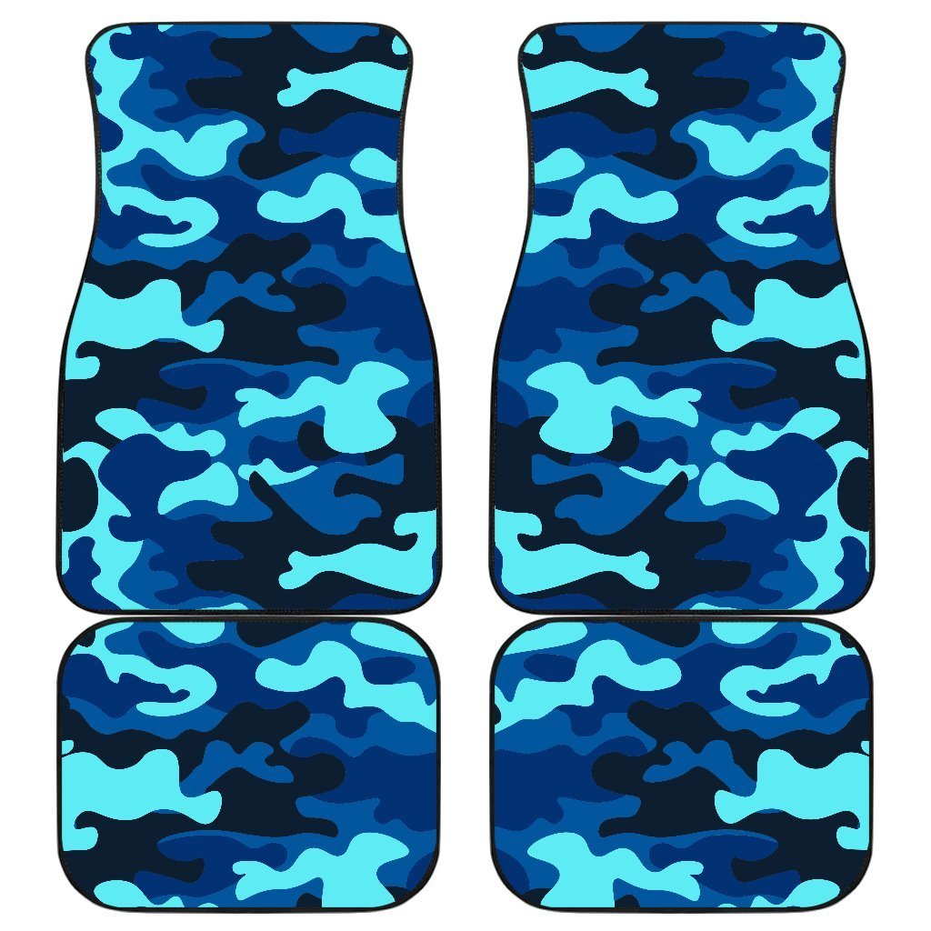 Blue And Black Camouflage Print Front And Back Car Floor Mats, Front Car Mat